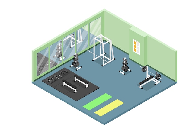 Icona spaccata isometrica dell'interiore moderno della palestra con pesi, bilanciere, manubri, squat rack, materassini e panche