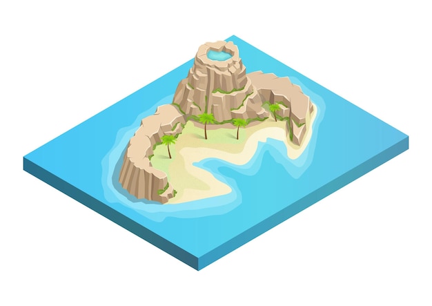 Vector isometric cute rocky mountain island with palm and coast