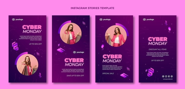 Vettore raccolta isometrica di storie di instagram di cyber lunedì