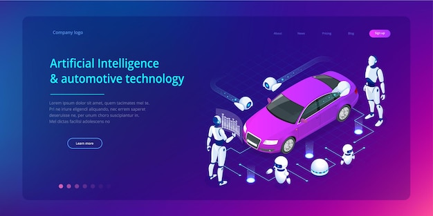 Isometric cybernetic robots works with a virtual interface in augmented reality virtual computer development of a car model using artificial intelligence future concept