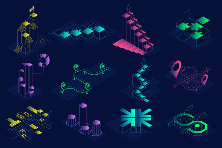 Vector isometric cyberpunk city elements in neon