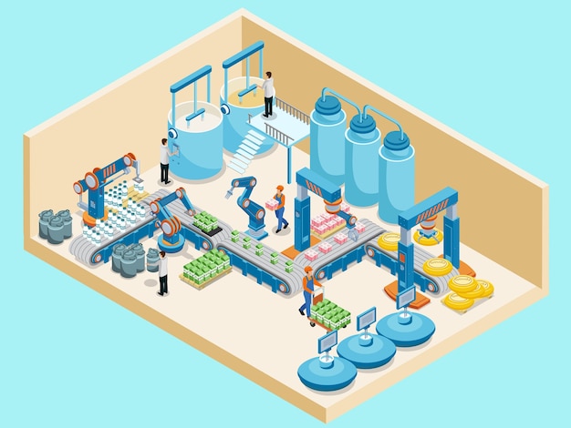 Изометрический шаблон молочного завода с изолированными рабочими контейнерами автоматизированной производственной линии для производства молочных продуктов
