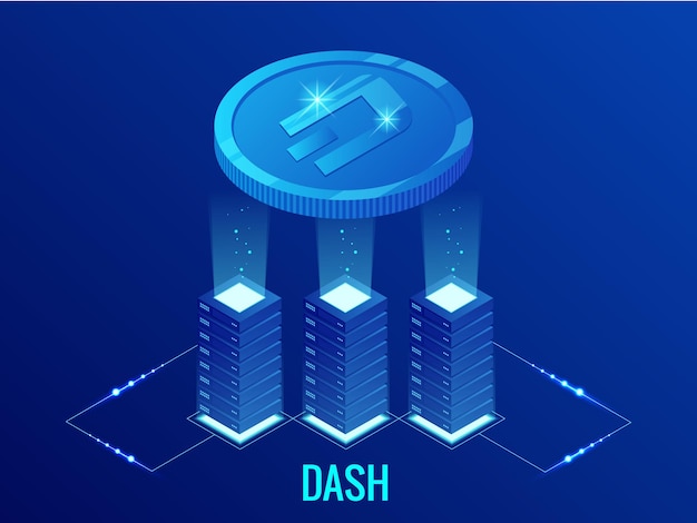 벡터 아이소메트릭 dash cryptocurrency 마이닝 팜 blockchain 기술 암호 화폐 및 금융 거래를 위한 디지털 지불 네트워크 추상 파란색 배경