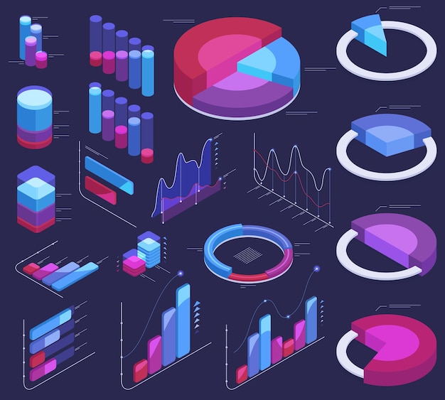 Isometric data analysis 3d graphic chart infographic elements vector symbols illustrations set