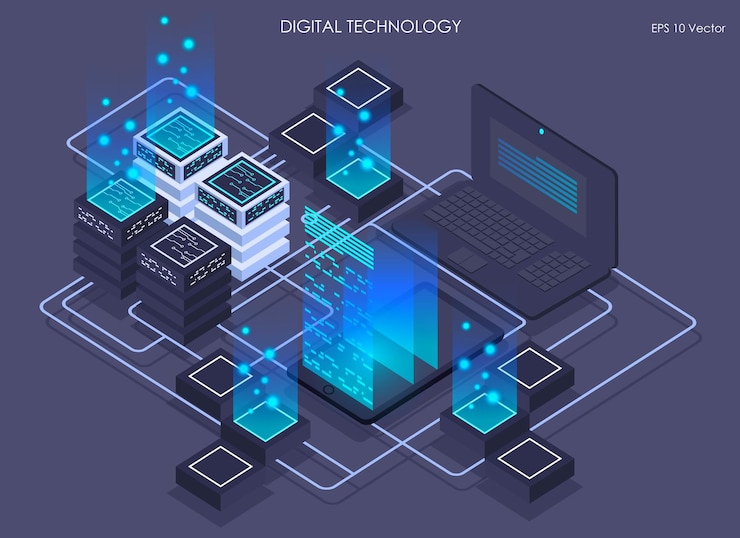 Vector isometric data center vector information processing and storage concept of big data processing creative illustration with abstract geometric elements