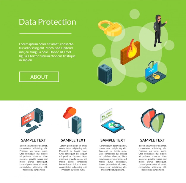 Modello di pagina di destinazione dati isometrici e icone di sicurezza del computer