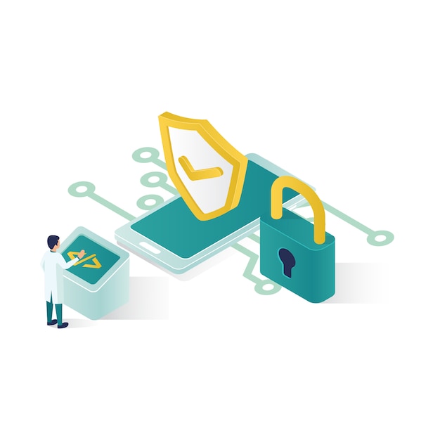 Vector isometric data security illustration, people data security in isometric style design.