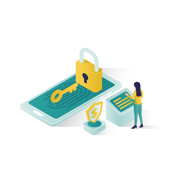 Isometric data security illustration, people data security in isometric style design