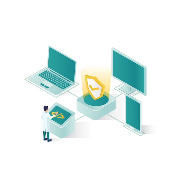 isometric data security illustration, people data security in isometric style design