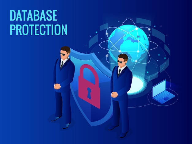 Isometric database protection concept. Server room rack, database security, shield server unit, computing digital technology. Internet equipment industry. Network telecommunication server.