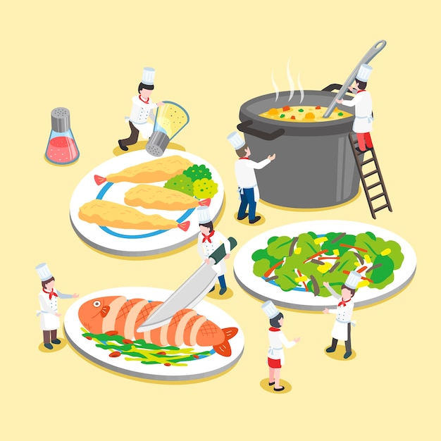 Isometric  of delicious dishes with little cooks