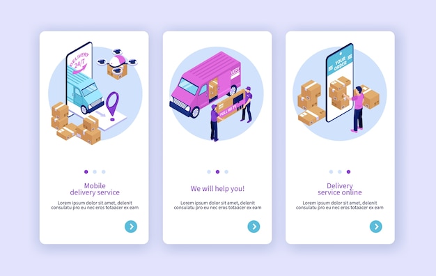 Isometric delivery app design template collection with delivery workers and smartphone