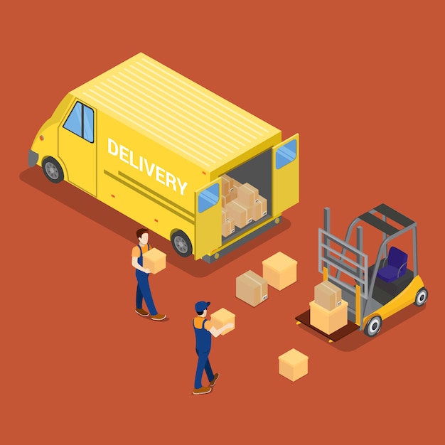 Isometric delivery car. cargo industry. worker on forklift. cargo loading.