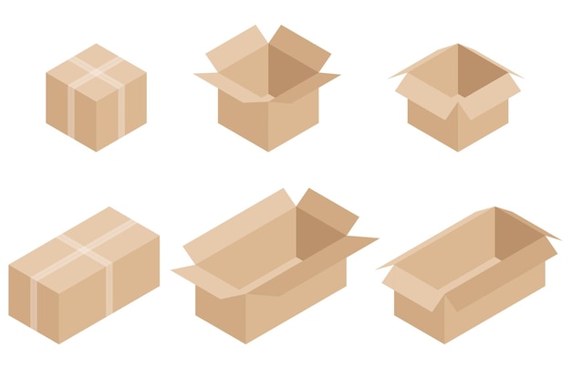 Isometric delivery carton box set vector illustration