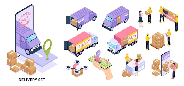 Vector isometric delivery icons with illustration collection with delivery workers and transports