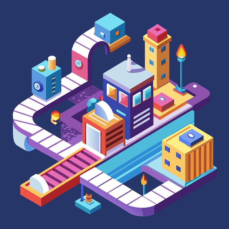 Vector isometric depiction of dynamic creative process with abstract movement