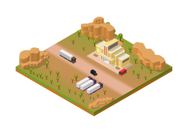 Vettore area desertica isometrica con camion e edificio del negozio