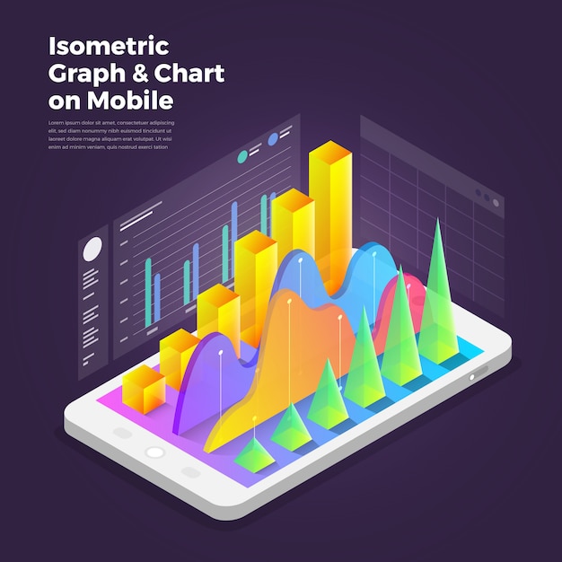 Isometric design concept mobile application analytics tools.