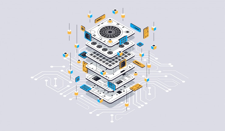 Vector isometric design concept virtual reality and augmented reality. software development and programming. computation of big data center, quantum computer isometric   technology