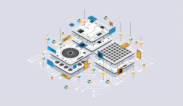 Vector isometric design concept virtual reality and augmented reality. software development and programming. computation of big data center, quantum computer isometric   technology