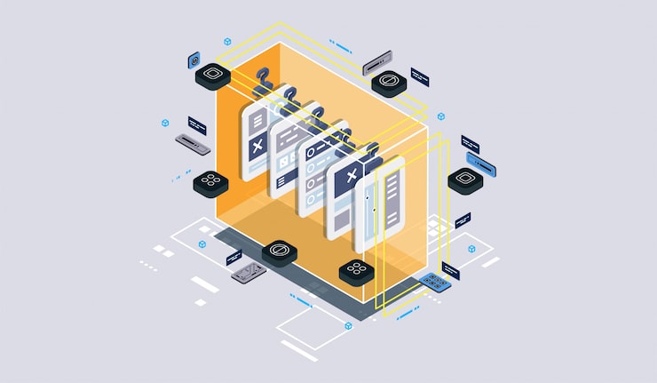 Vector isometric design concept virtual reality and augmented reality. software development and programming. computation of big data center, quantum computer isometric   technology