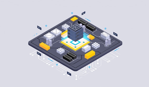 isometric design concept virtual reality and augmented reality. software development and programming. computation of big data center, quantum computer isometric   technology