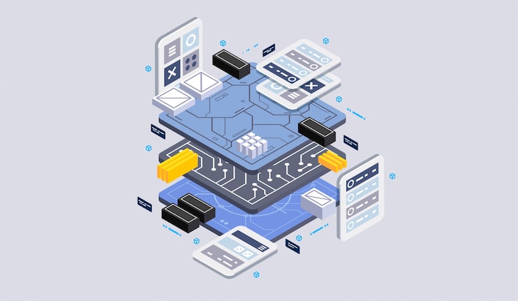 Vector 아이소 메트릭 디자인 컨셉 가상 현실 및 증강 현실. 소프트웨어 개발 및 프로그래밍. 빅 데이터 센터, 양자 컴퓨터 아이소 메트릭 기술의 계산