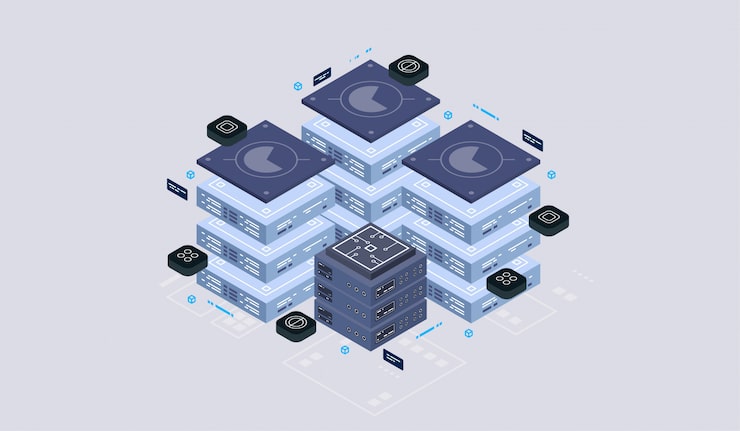 Vector isometric design concept virtual reality and augmented reality. software development and programming. computation of big data center, quantum computer isometric   technology