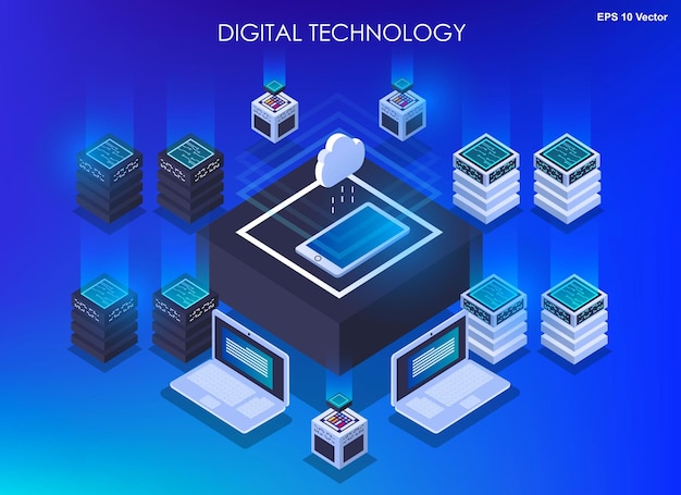 Isometric design concept virtual reality and development digital technologys isometric data center digital technology server room