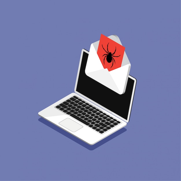 Progettazione isometrica di laptop e busta con un virus. hacking di posta o computer. ottenere una lettera pirata o infetta. illustrazione. isolato.