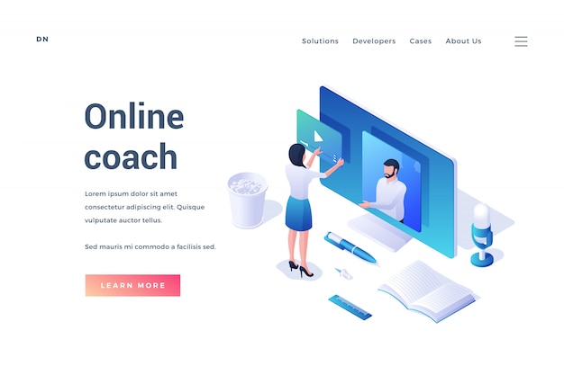 カラフルなアイコンと白い背景で隔離のオンラインコーチのコースを提供している人々とモダンなウェブサイトバナーの等尺性デザイン