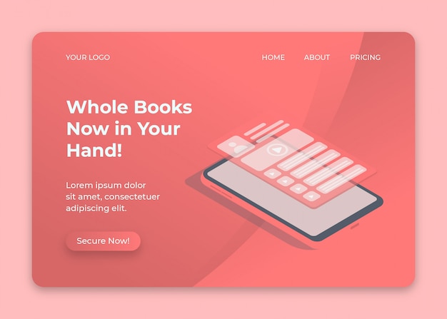 Il design isometrico del telefono e dello schermo si apre per la pagina web del libro online