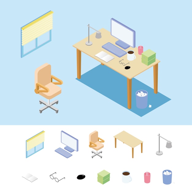 Vector isometric desk office working from home