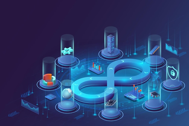 Isometric DevOps AI technology 3D infinity icon API product developer Data release in cloud Programming test Development process Internet connection Vector abstract background