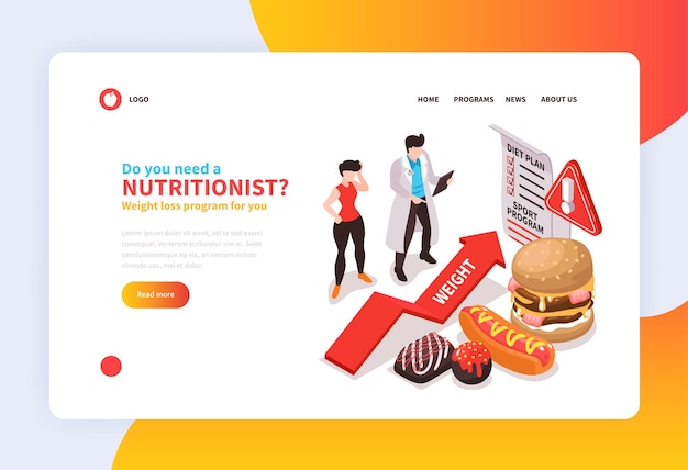 Isometric dietician nutritionist landing page concept for website with clickable links text and people with unhealthy food