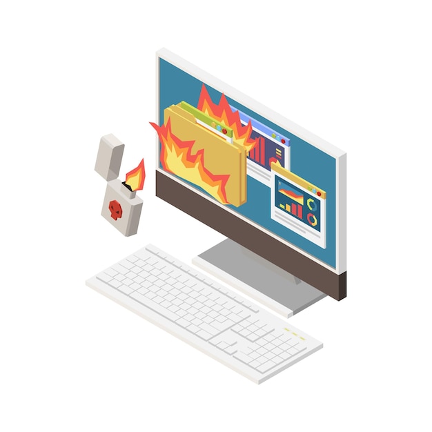 Isometric digital crime illustration with lighter burning personal information on computer