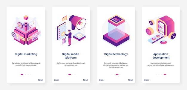 Isometric digital marketing application development ux mobile app page screen set