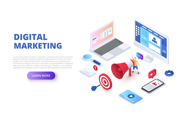 Isometric digital marketing design concept with computer hand speaker and smartphone