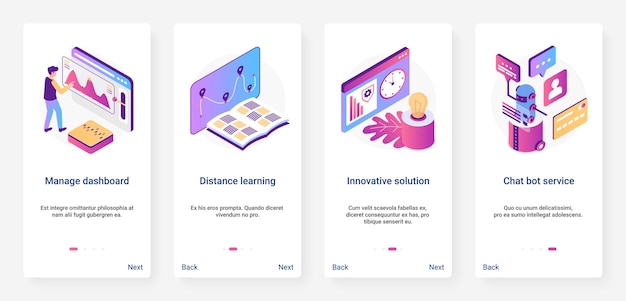 isometric digital marketing, management solution ux, ui mobile app page screen set