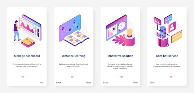 Isometric digital marketing, management solution ux, ui mobile app page screen set
