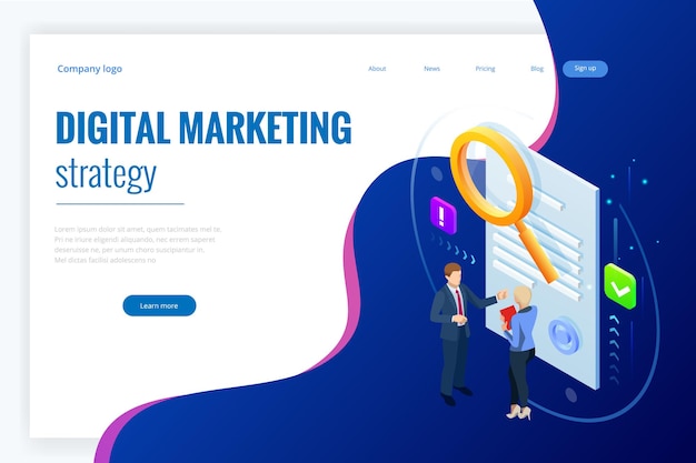 Isometric digital marketing strategy concept. Online business, internet marketing idea, office and finance objects, search engine optimisation, SEO, SMM, advertising. Vector illustration.