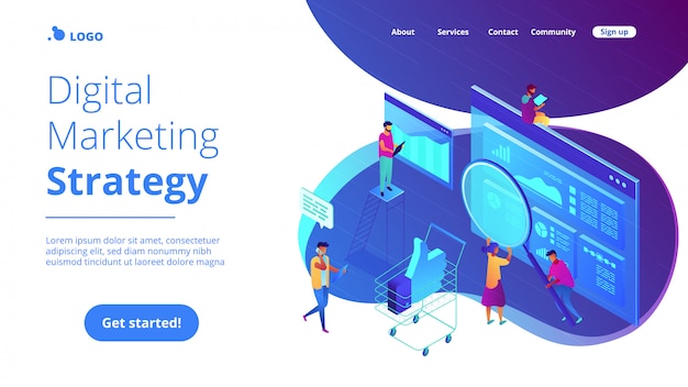 Isometric digital marketing strategy landing page.