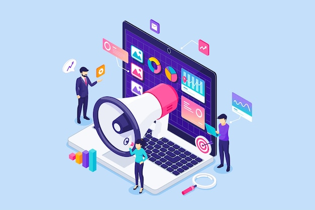 isometric digital marketing with people work near a giant laptop with graph charts and diagrams