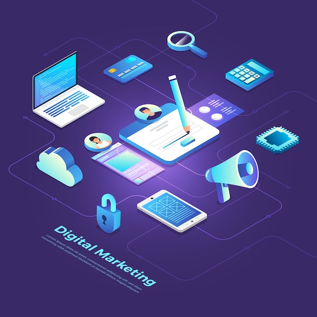 Vector isometric digital marketing