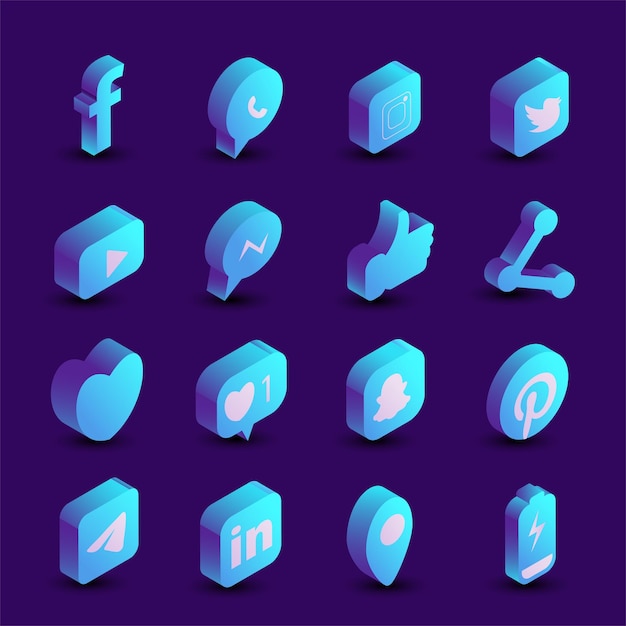 Vector isometric digtal marketing or social media and social networking concept icons collection