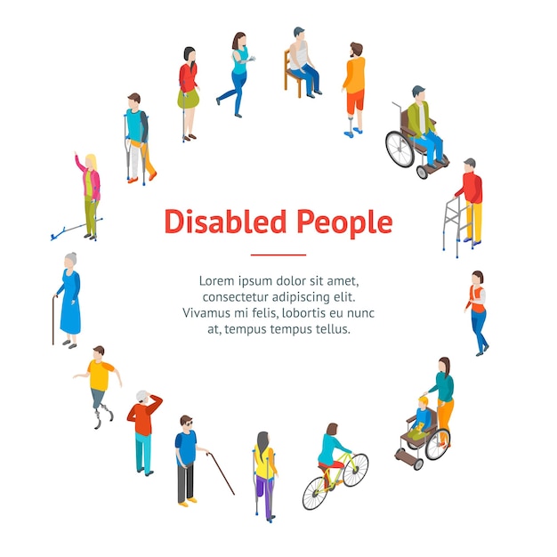 Vector isometric disabled people characters banner card circle blind patient vector illustration of disability persons