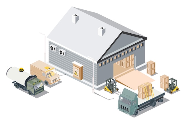 Vettore centro logistico di distribuzione isometrica magazzino strutture di stoccaggio con camion isolati su sfondo bianco terminale di carico e scarico