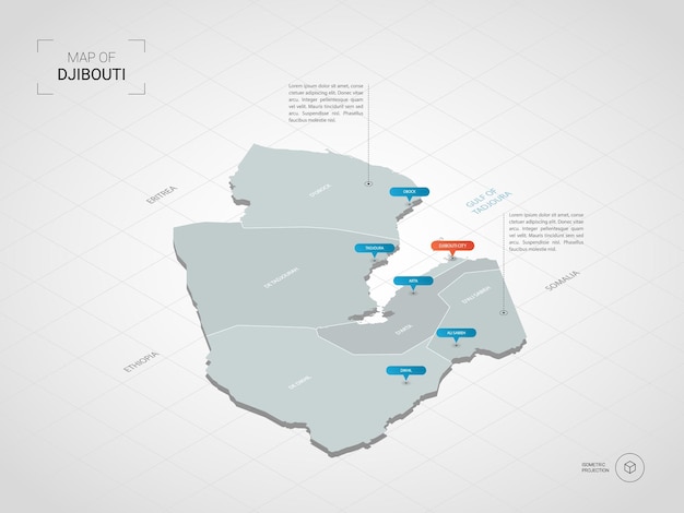Mappa isometrica di gibuti. illustrazione stilizzata della mappa con città, confini, capitale, divisioni amministrative e indicatori di direzione; sfondo sfumato con griglia.