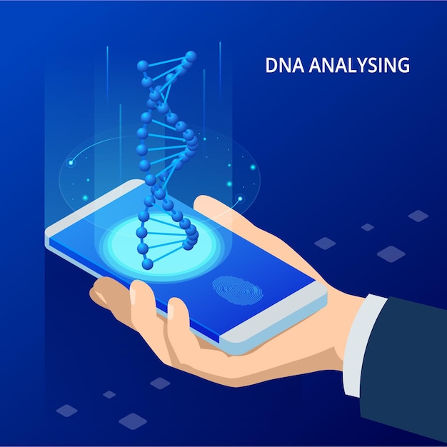 아이소메트릭 Dna 나선, Dna 분석 개념. 디지털 파란색 배경입니다. 혁신, 의학 및 기술. 스마트폰의 증강 현실 Dna.