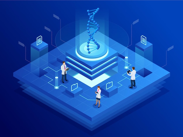 Изометрическая спираль днк, концепция анализа днк. цифровой синий фон. инновации, медицина и технологии.